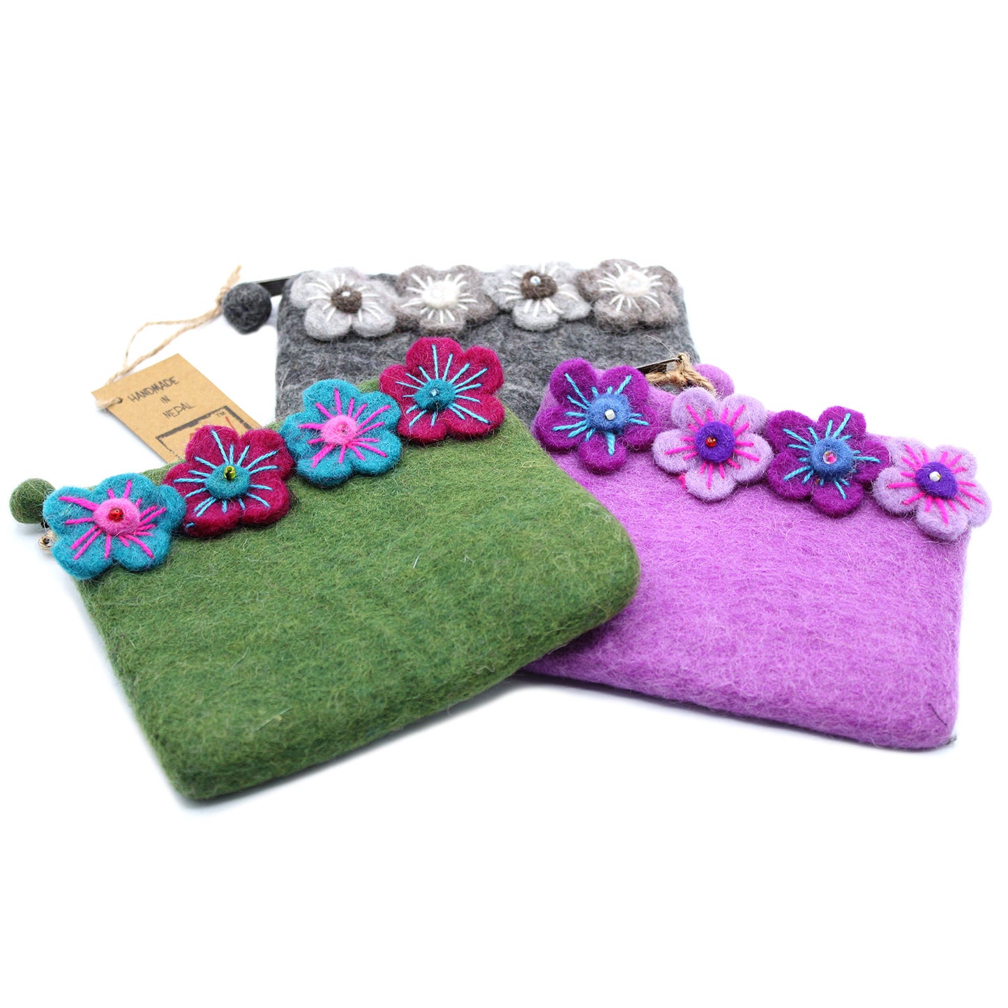 Natural Felt Zipper Pouch - Four Flowers