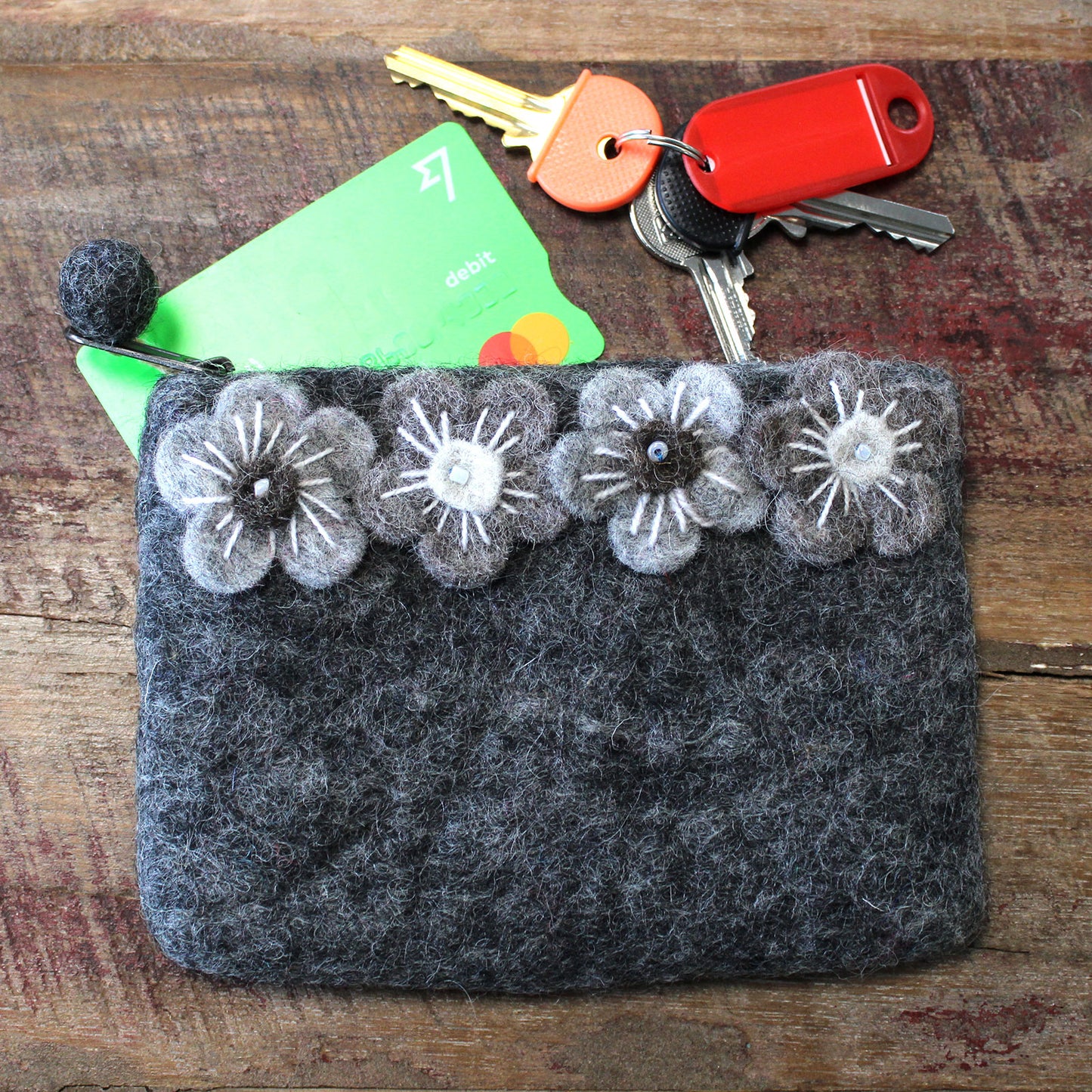 Natural Felt Zipper Pouch - Four Flowers