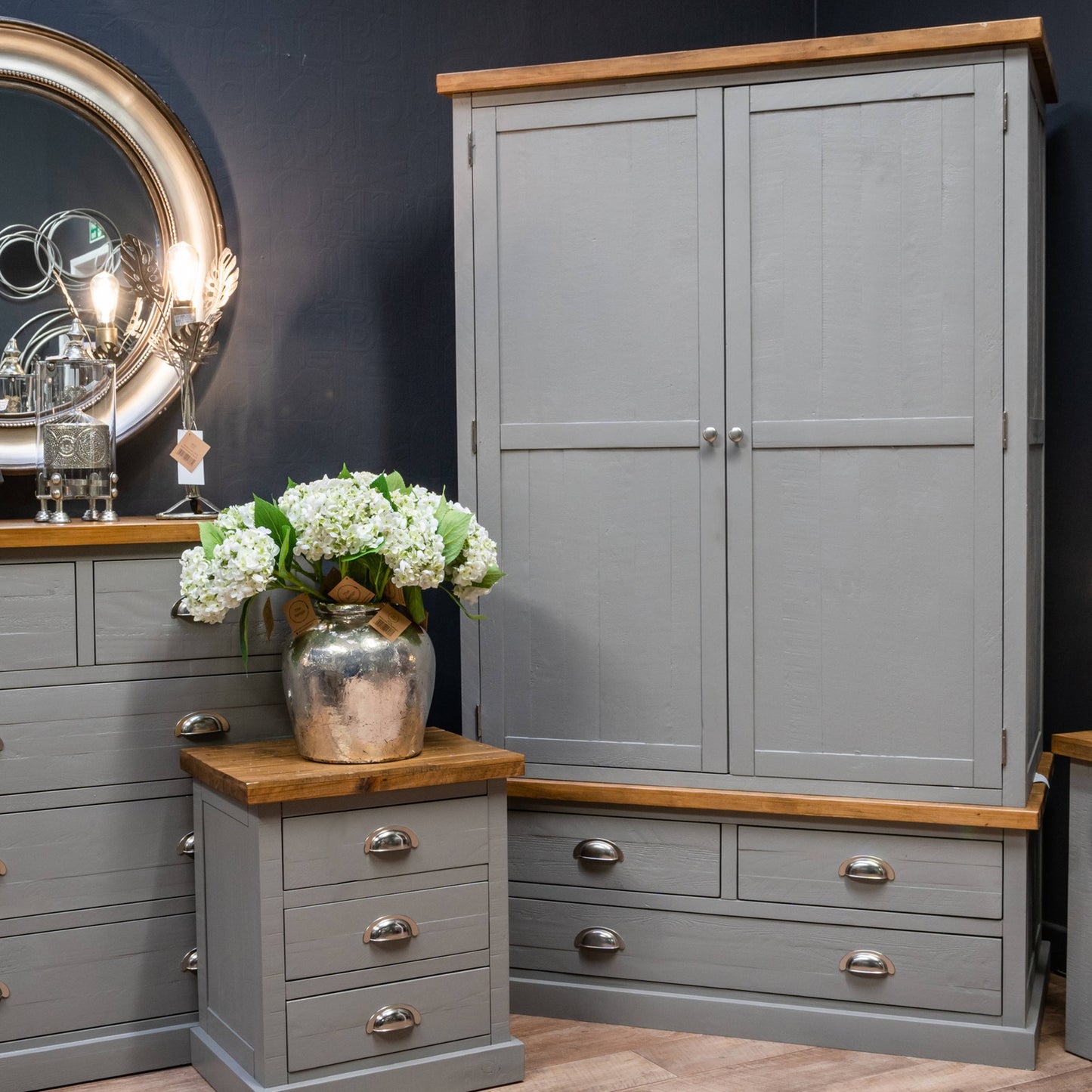 Grey Painted Three Drawer Two Door Wardrobe