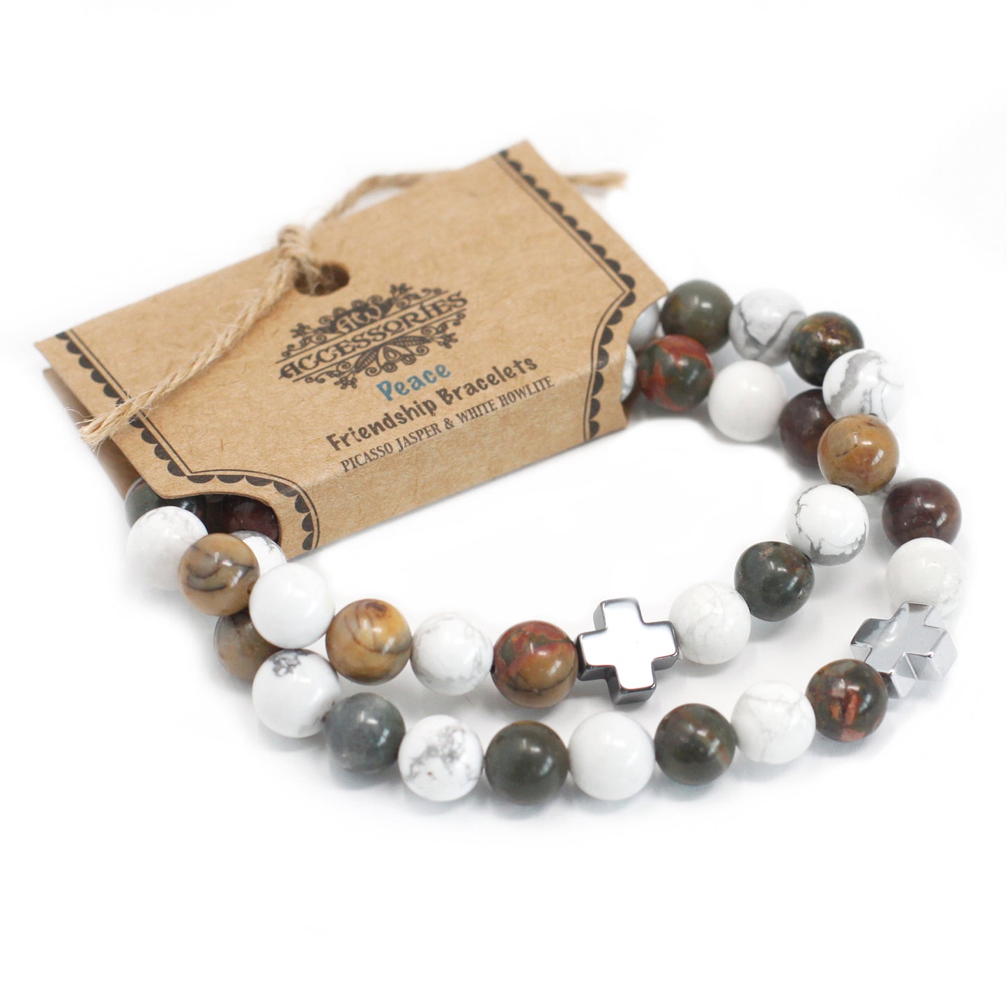 Set of 2 Gemstones Friendship Bracelets - Piece - Picasso Jasper & White Howlite