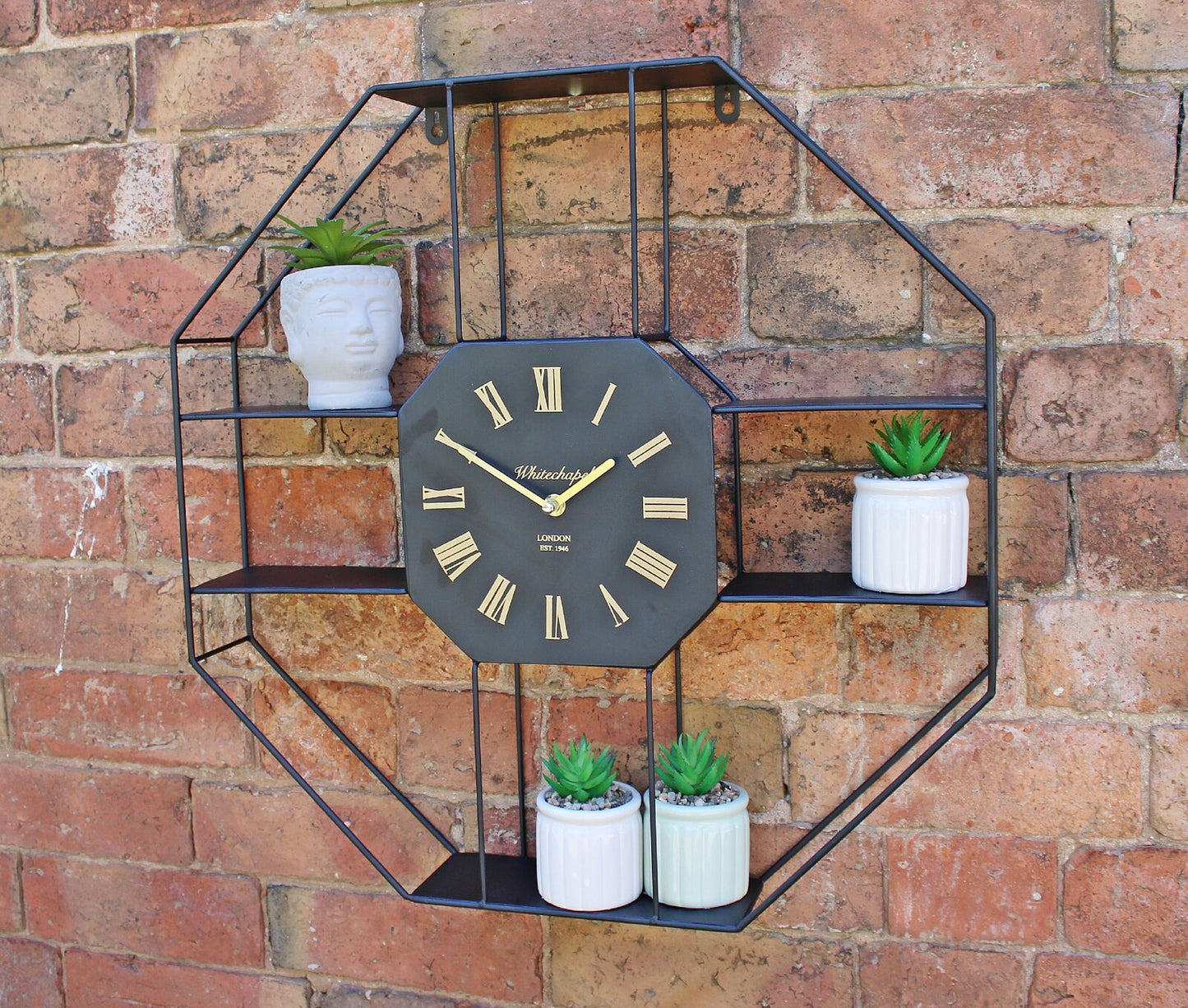 Black Iron Metal Clock With Shelving 53cm