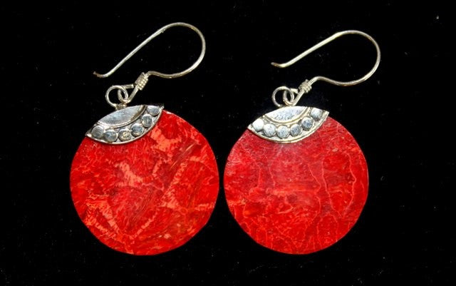 Classic Disc - Red Coral Imitation 925 Silver Earings