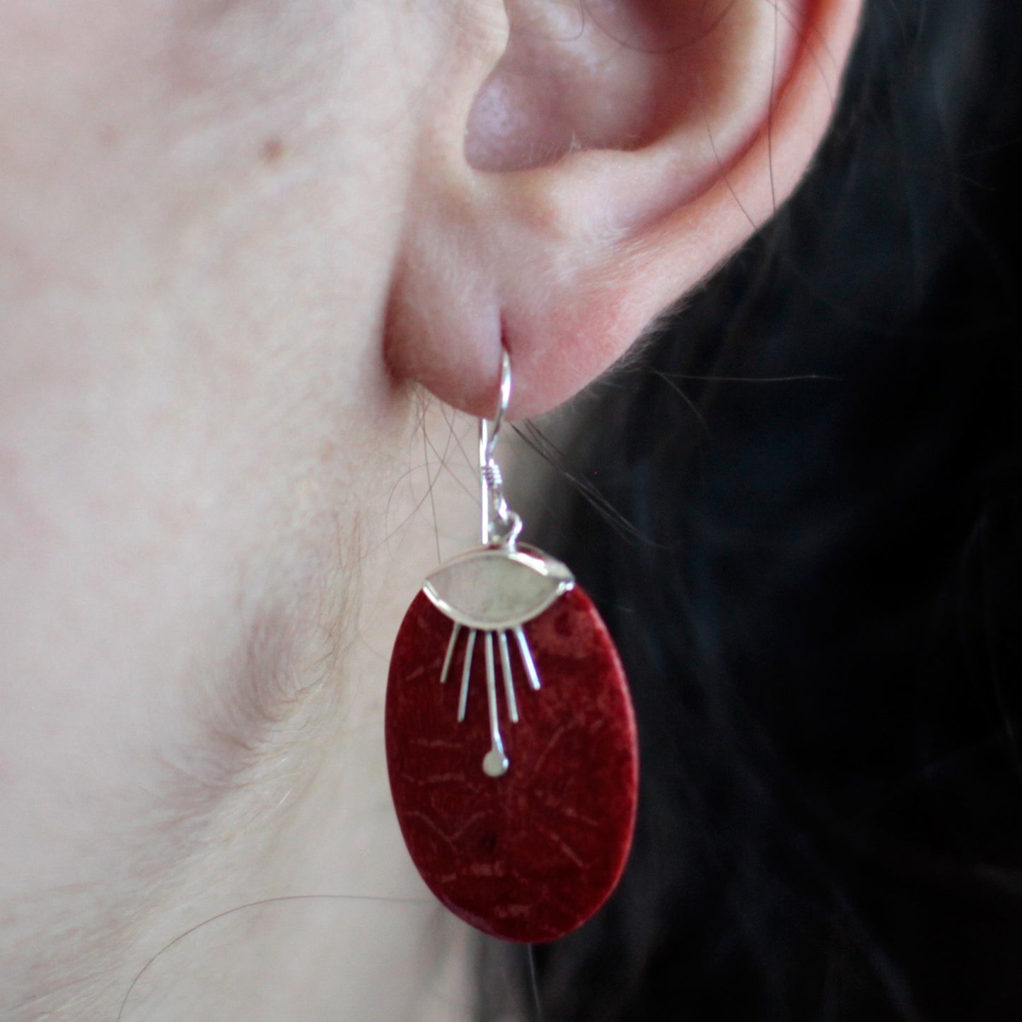 Oval Eggs - Red Coral Imitation 925 Silver Earings