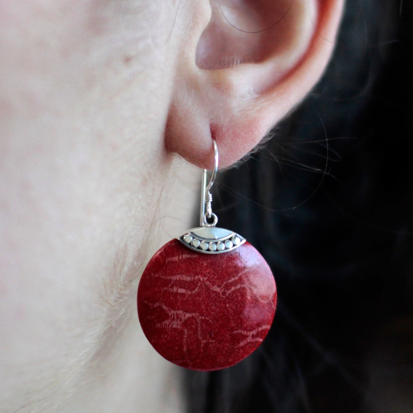 Classic Disc - Red Coral Imitation 925 Silver Earings