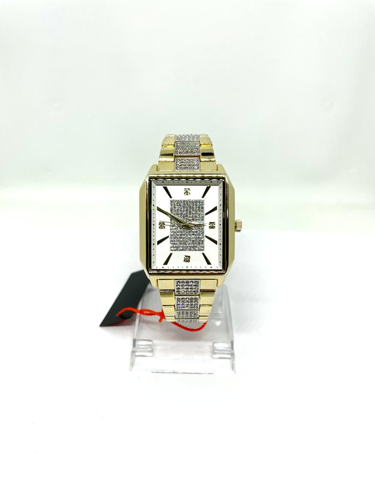 Men's NY London Square Bling Crystals Watch With Metal Bracelet - Gold Watch Pl-7671