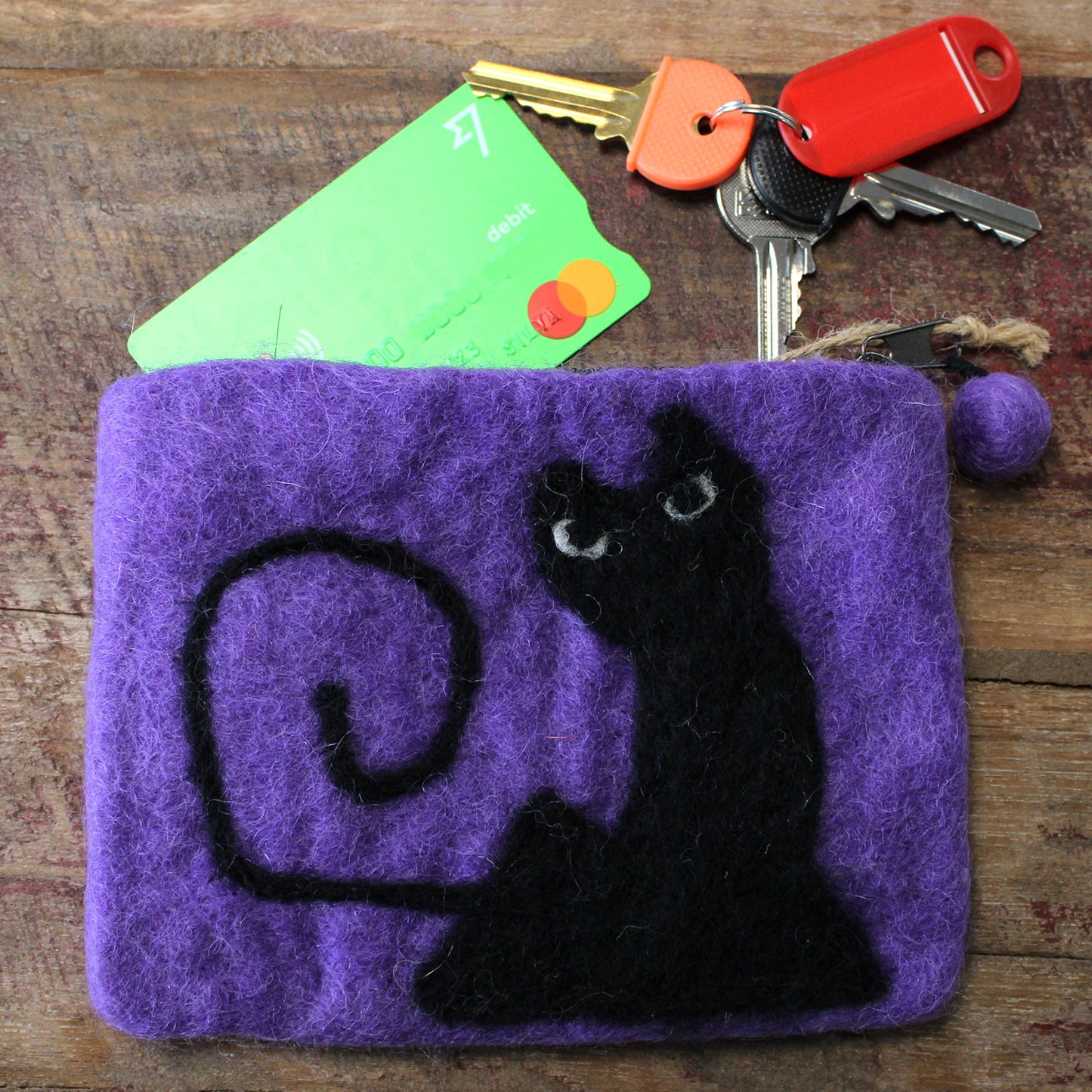 Natural Felt Zipper Pouch - Black Cat
