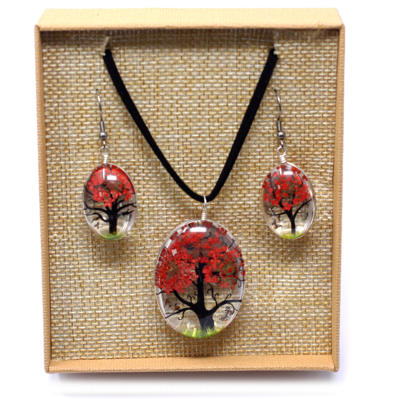 Pressed Flowers Necklaces - Tree of Life set - Coral