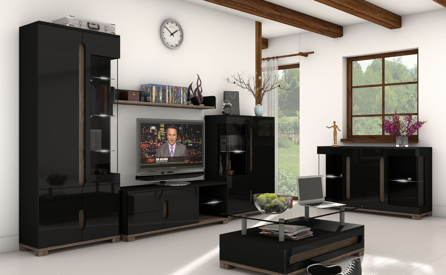 Black Gloss And Oak Effect TV Media Unit