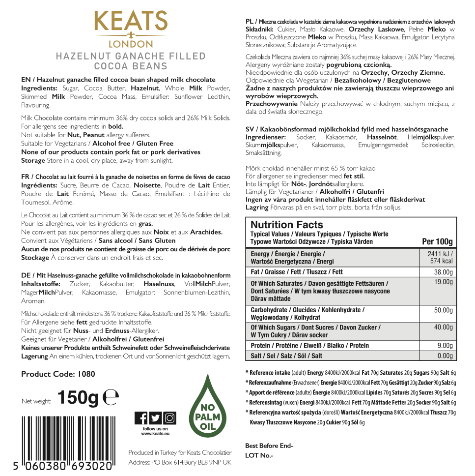 Keats Hazelnut Ganache Filled Cacao Beans (150g)