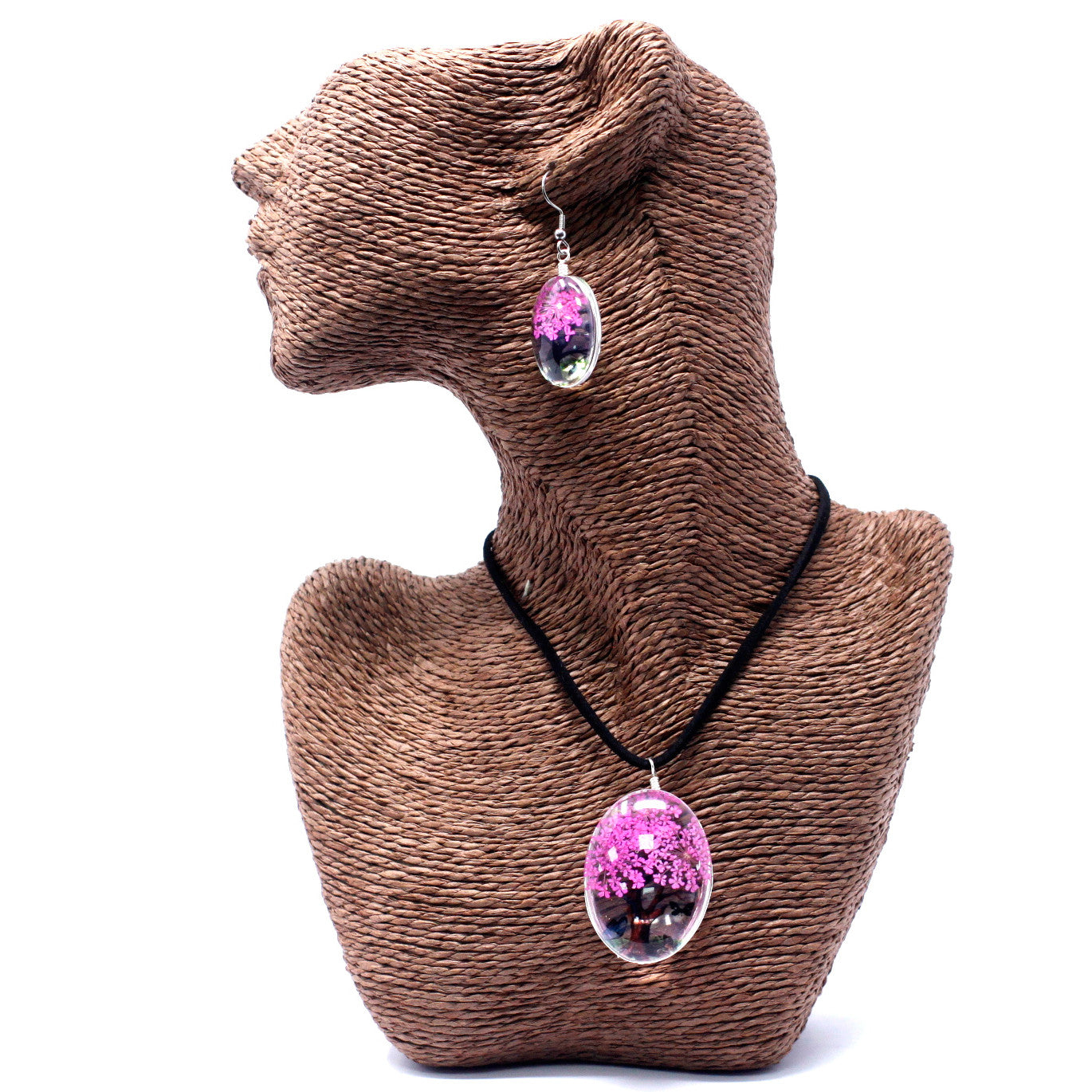 Pressed Flowers Necklace - Tree of Life set - Bright Pink