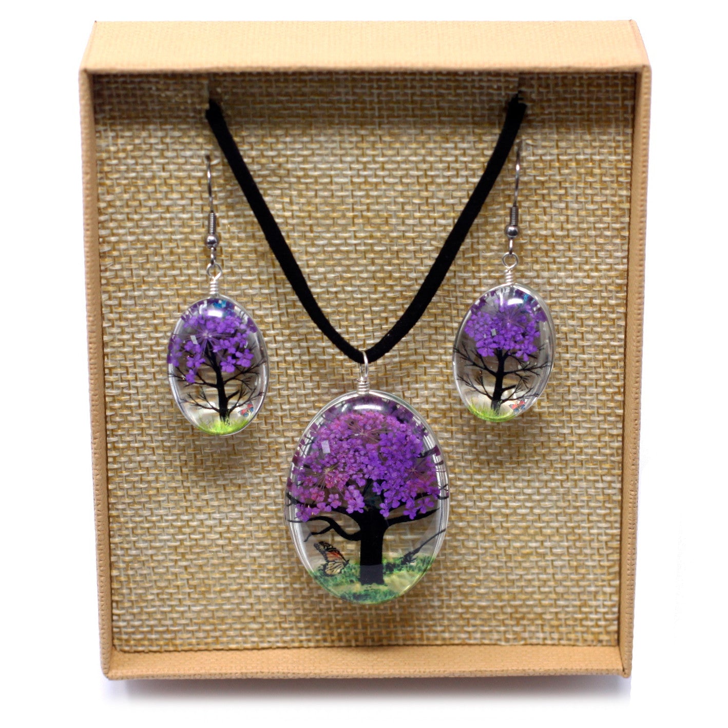 Pressed Flowers Necklace - Tree of Life set - Lavender