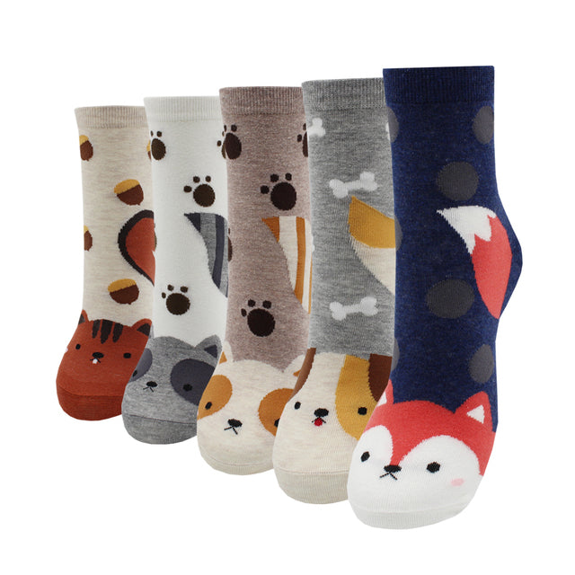 5 Pairs Fashion Colorful Kawaii Cute Cartoon Cotton Women Socks Harajuku Korean Cat Dog Owl Duck Fox Girl Socks