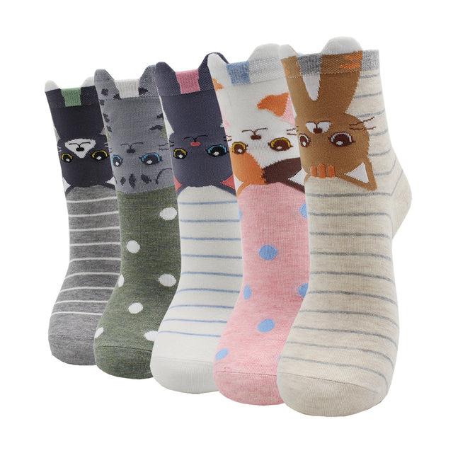 5 Pairs Fashion Colorful Kawaii Cute Cartoon Cotton Women Socks Harajuku Korean Cat Dog Owl Duck Fox Girl Socks