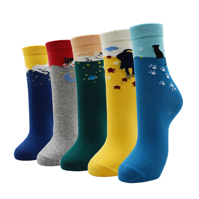 5 Pairs Fashion Colorful Kawaii Cute Cartoon Cotton Women Socks Harajuku Korean Cat Dog Owl Duck Fox Girl Socks