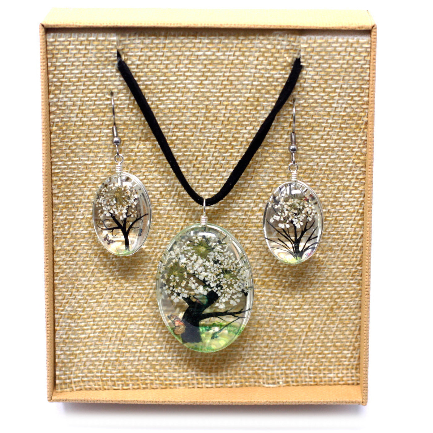 Pressed Flowers Necklaces - Tree of Life set - White