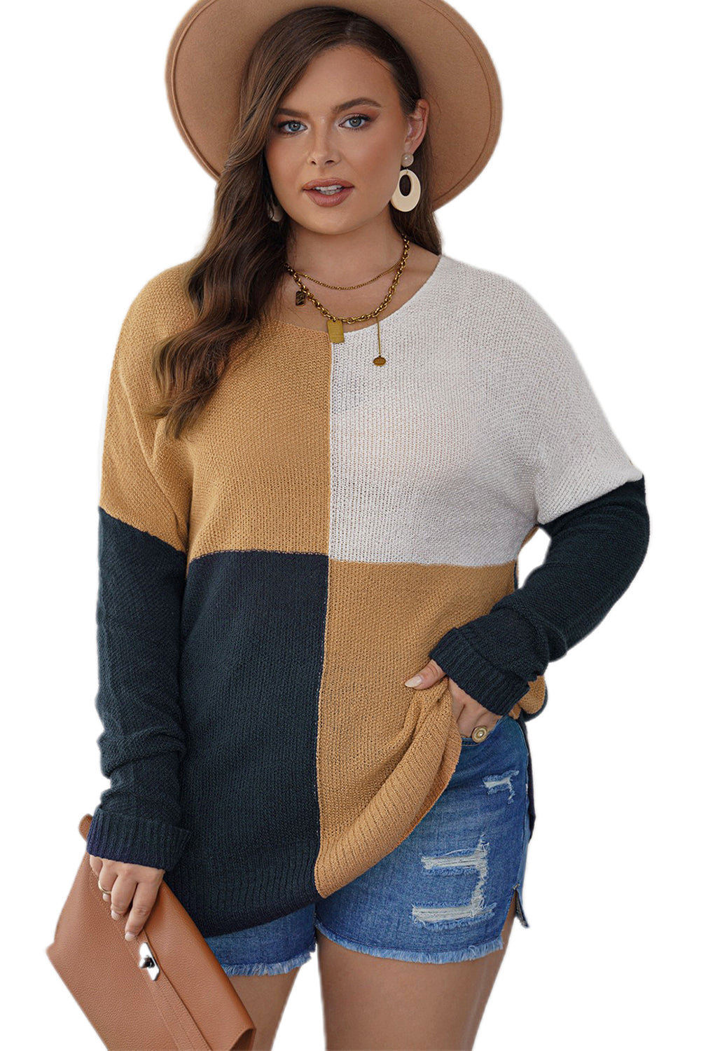 Blue Color Block Side Slit Plus Size Sweater