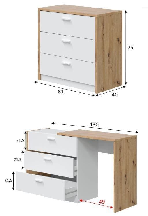 White and Oak Space Saving Chest of Drawer Desk