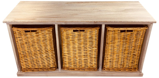 Wooden Storage Bench With 3 Large Baskets 101cm