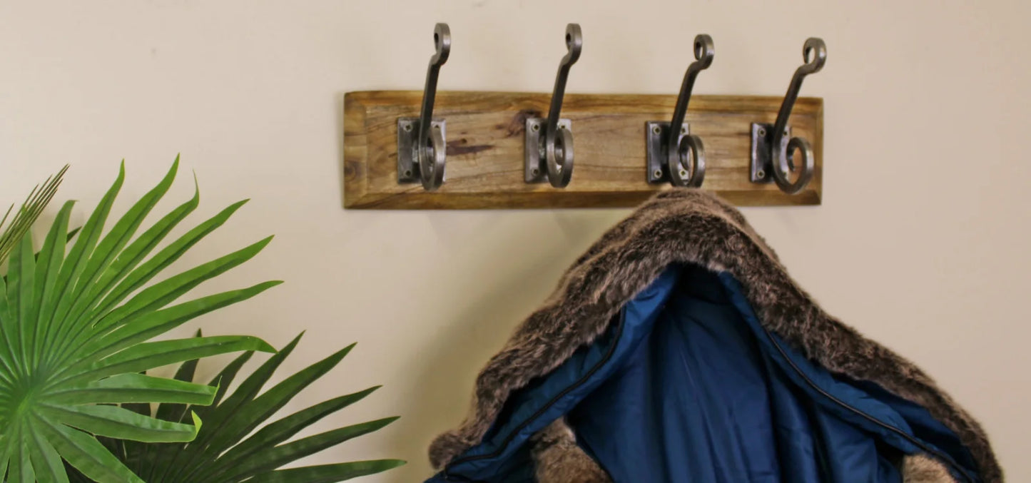 Rustic Steel 4 Piece Double Metal Hooks On Wooden Base
