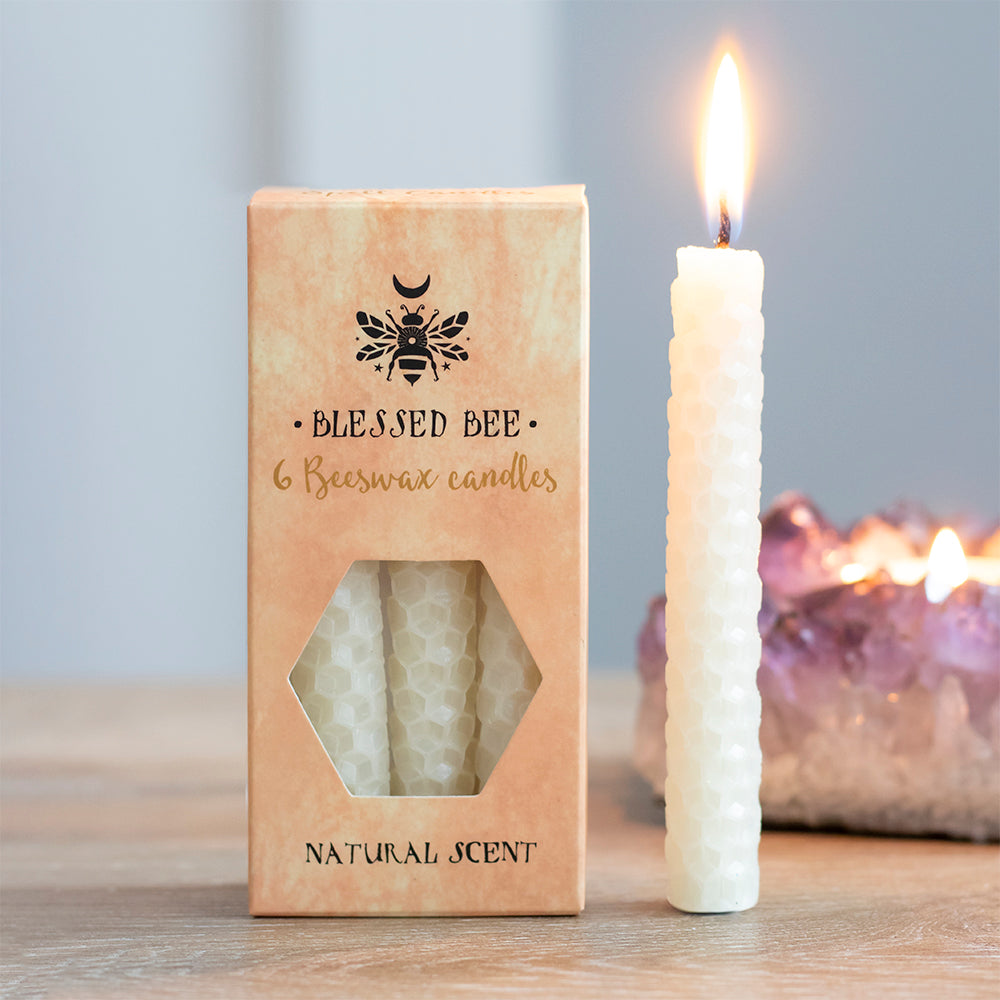 Cream Beeswax Blessed Bee Candles  -  Pack of 6 - Natural Scent
