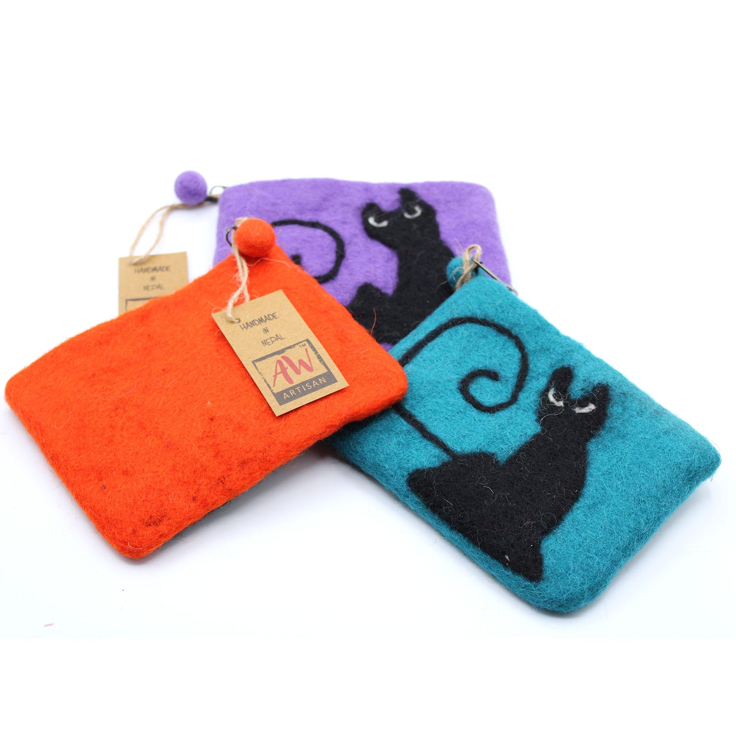 Natural Felt Zipper Pouch - Black Cat