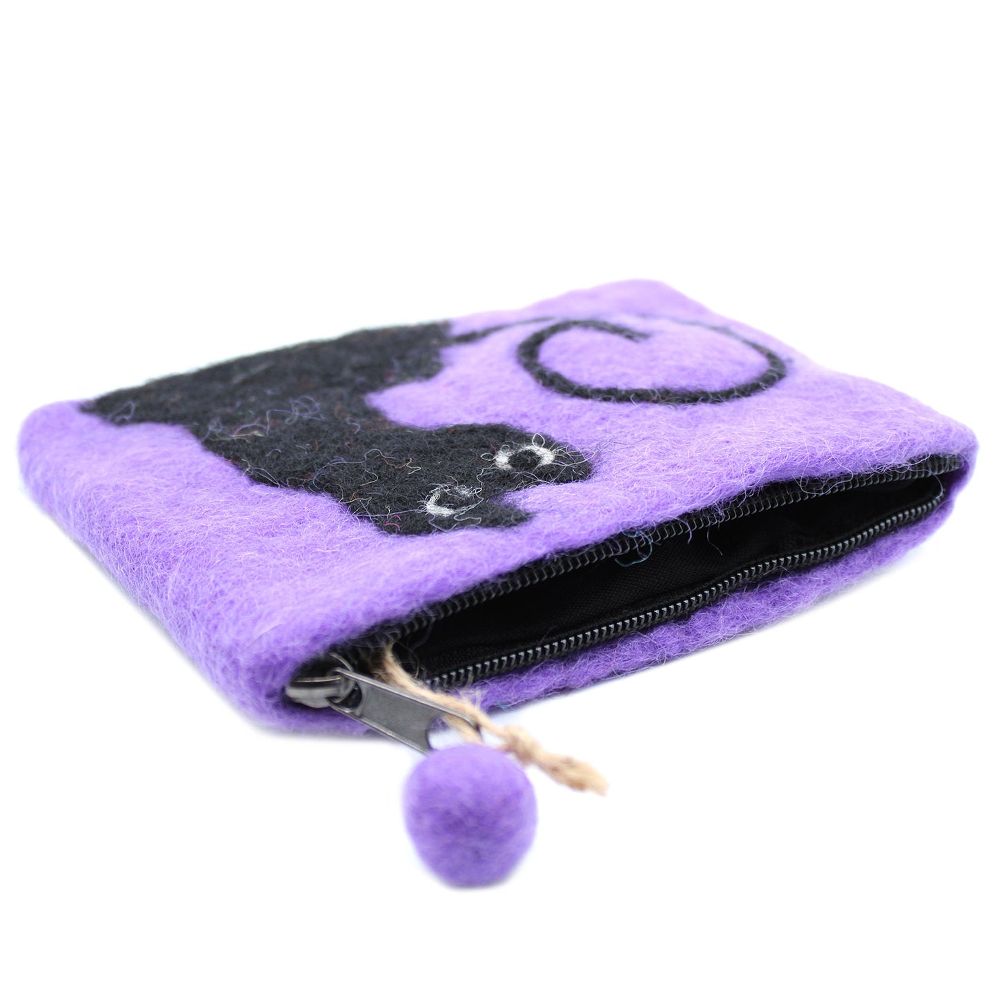 Natural Felt Zipper Pouch - Black Cat