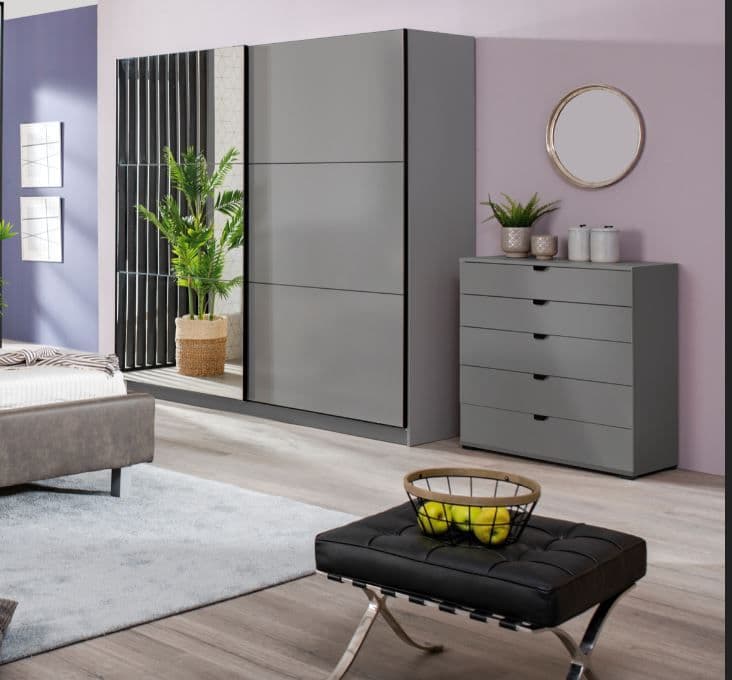 Large Grey And Mirrored Sliding Door Wardrobe 220cm