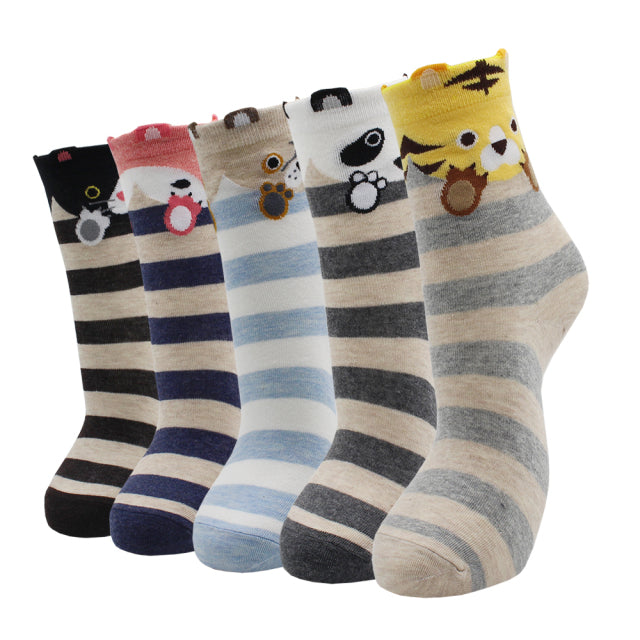 5 Pairs Fashion Colorful Kawaii Cute Cartoon Cotton Women Socks Harajuku Korean Cat Dog Owl Duck Fox Girl Socks