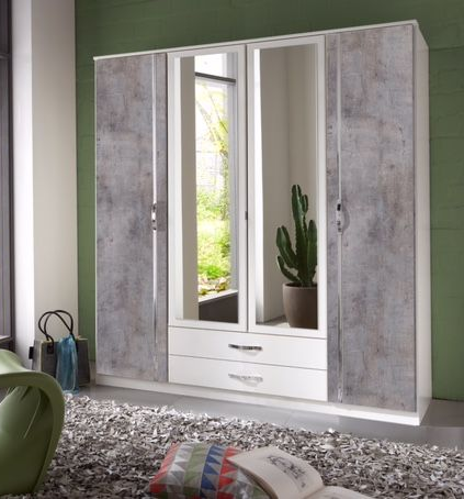 Concrete Grey and White 4 Door 2 Drawer Wardrobe