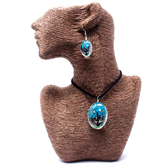 Pressed Flowers Necklaces - Tree of Life set - Teal